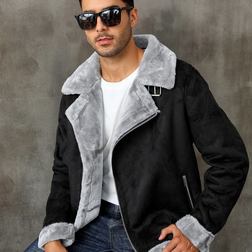 Black Casual Mens Zip Up Lapel Neck Teddy Lined Coat - Picture 7 of 8